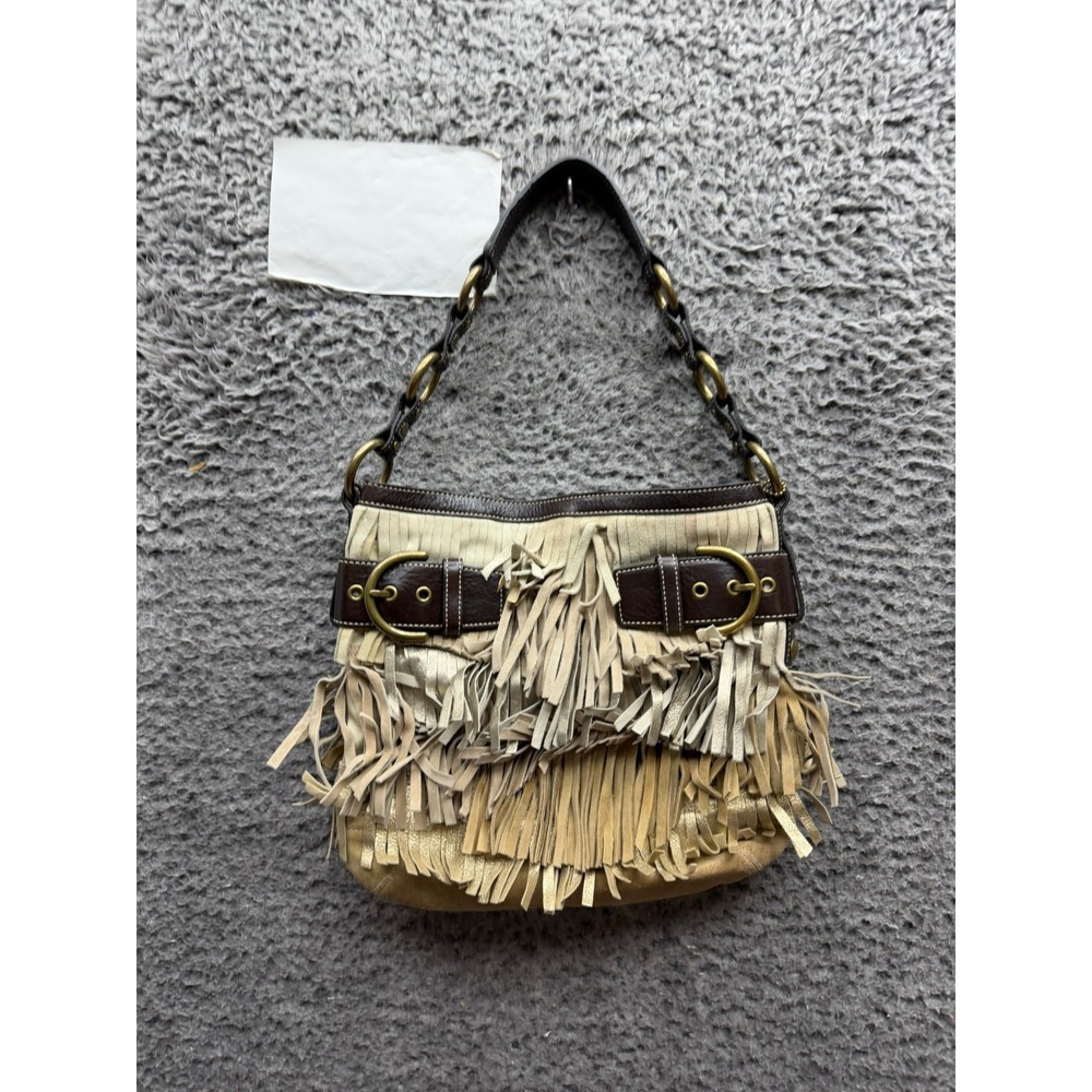 Vintage Y2k Coach Women's Layered Suede Fringe Hobo Shoulder Bag Beige 9155